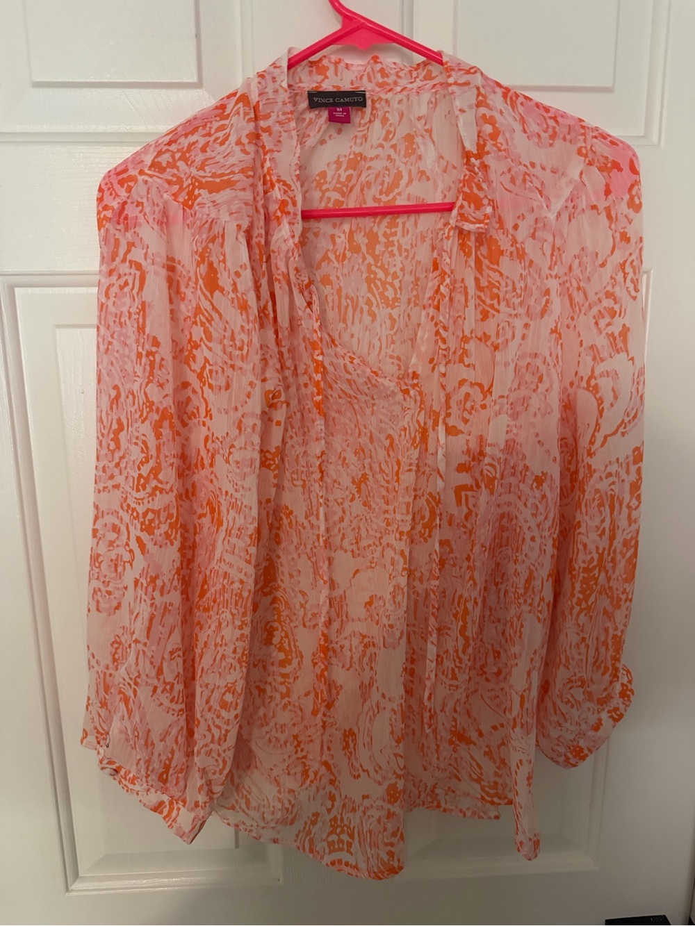 Vince Camuto Orange & White Printed Sheer Blouse